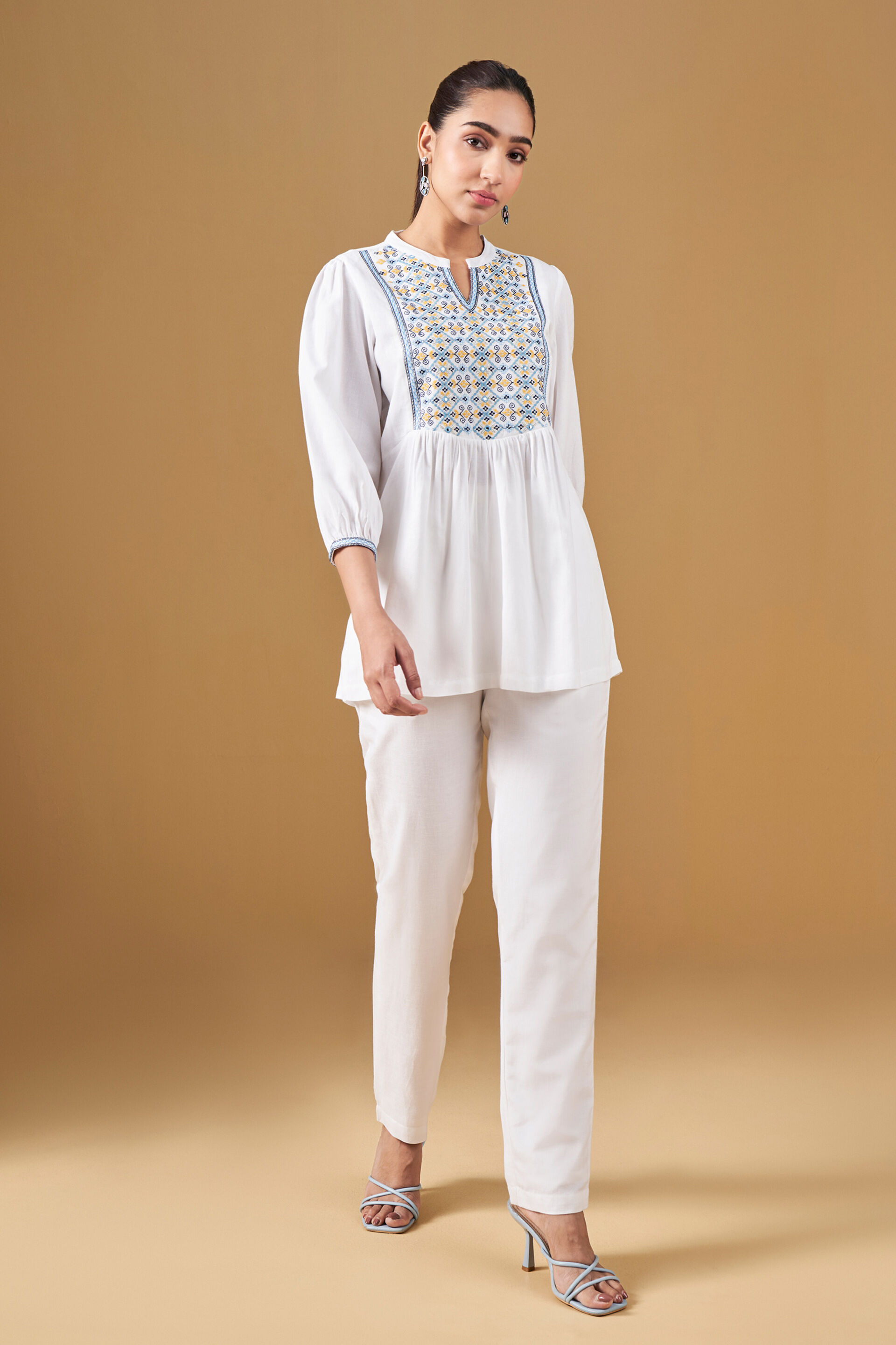 Geometric Embroidery Casual Top, White, image 5